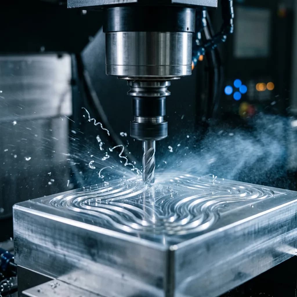 Präzisions-Fräskopf bearbeitet einen Aluminiumblock, wobei Metallspäne und feiner Kühlmittelnebel wegspritzen.