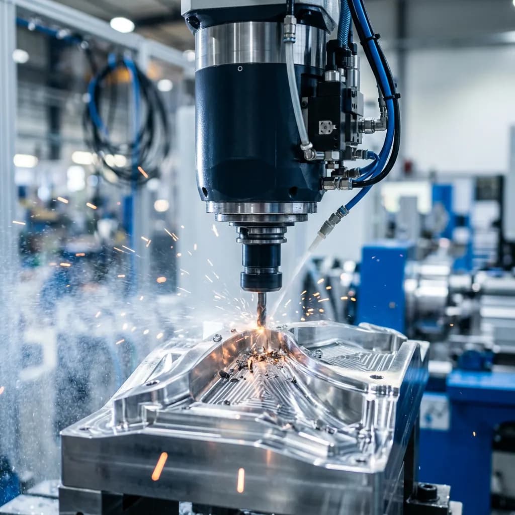 Roboter-Spindel beim Präzisionsfräsen eines metallischen Bauteils mit Funkenflug und feinem Kühlmittelnebel.